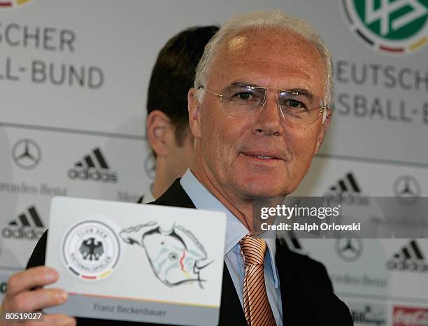 Former player of the German national fottball team Franz Beckenbauer displays his member card for the new founded "Club of German Football Players"...