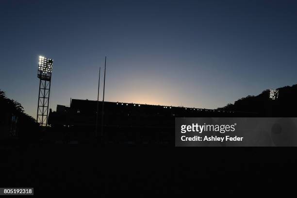 The sun sets over Central Coast Stadium during the round 17 NRL match between the Sydney Roosters and the Cronulla Sharks at Central Coast Stadium on...