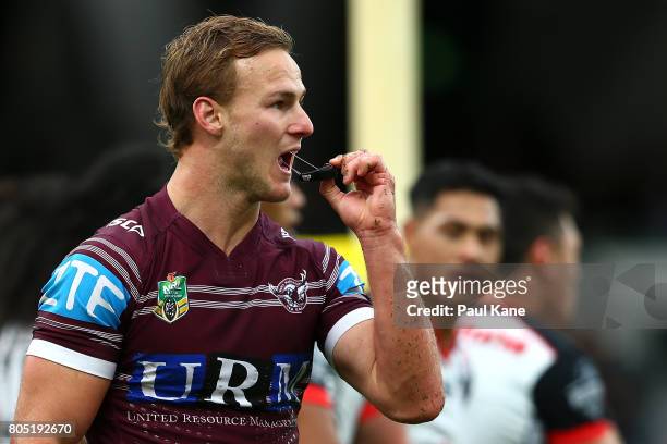 Daly Cherry-Evans of the Sea Eagles looks on after a Warriors try during the round 17 NRL match between the Manly Sea Eagles and the New Zealand...