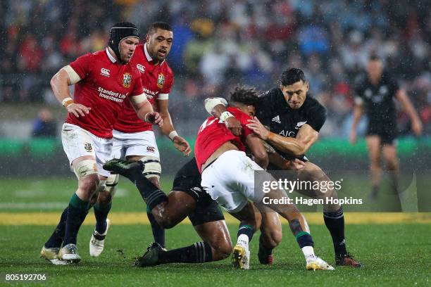 Anthony Watson of the Lions collides with Sonny Bill Williams of New Zealand during the International Test match between the New Zealand All Blacks...