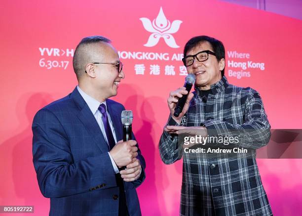 Chief Marketing Officer of Hong Kong Airlines George Liu moderates a conversation with actor & martial artist Jackie Chan during the media Q&A...