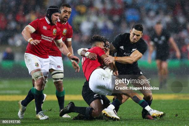 Anthony Watson of the Lions collides with Sonny Bill Williams of New Zealand during the International Test match between the New Zealand All Blacks...