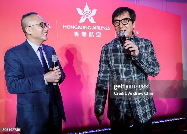 Chief Marketing Officer of Hong Kong Airlines George Liu moderates a conversation with actor & martial artist Jackie Chan during the media Q&A...