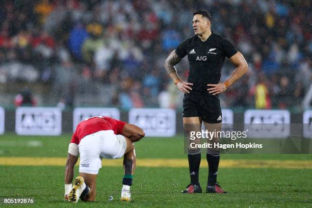 Sonny Bill Williams of New Zealand reacts after colliding with Anthony Watson of the Lions during the International Test match between the New...