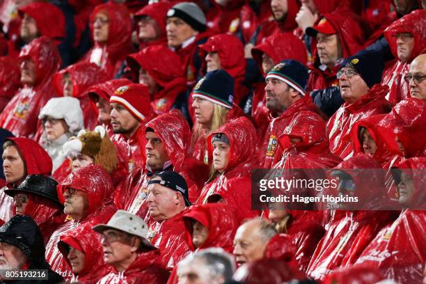 Lions fans look on during the International Test match between the New Zealand All Blacks and the British & Irish Lions at Westpac Stadium on July 1,...