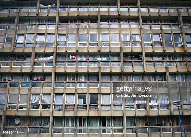View of the 'Robin Hood Gardens' housing estate in Poplar, on April 3, 2008 in East London, England. The 213 flat estate, designed and built by famed...
