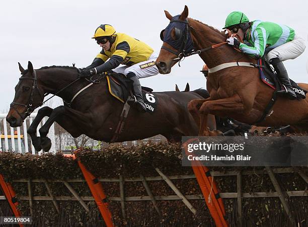 Pettifour ridden by PJ Brennan jumps a fence beside Gone to Lunch ridden by AP McCoy during The Citroen C5 Sefton Novices' Hurdle Race during the...