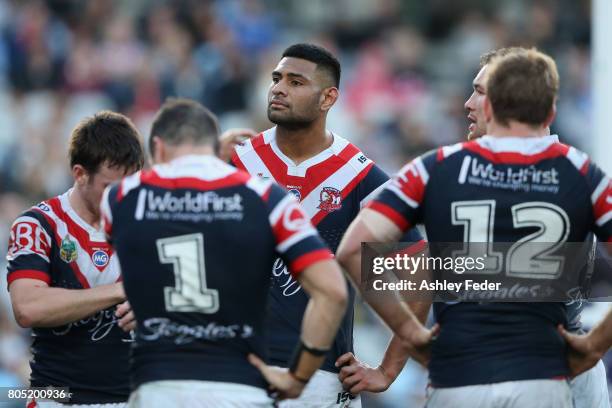 Daniel Tupou of the Roosters looks dejected during the round 17 NRL match between the Sydney Roosters and the Cronulla Sharks at Central Coast...