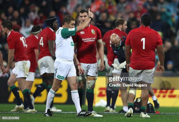 Mako Vunipola of the Lions receives the yellow card from Referee Jerome Garces of France during the second test match between the New Zealand All...