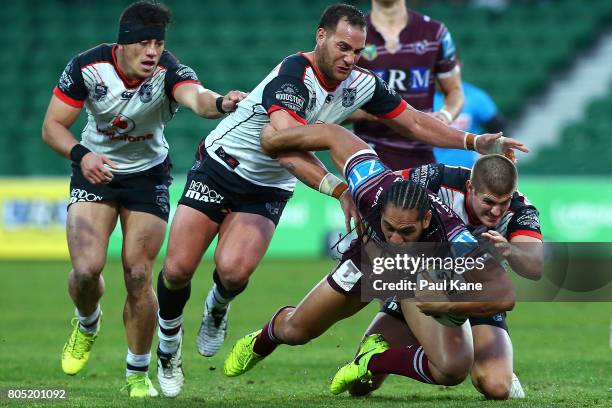 Martin Taupau of the Sea Eagles runs the ball during the round 17 NRL match between the Manly Sea Eagles and the New Zealand Warriors at nib Stadium...