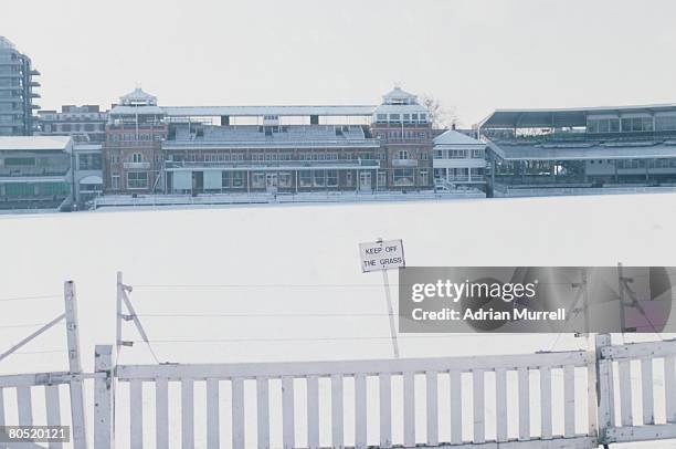 Snow on the pitch at Lord's Cricket Ground in London, January 1985.