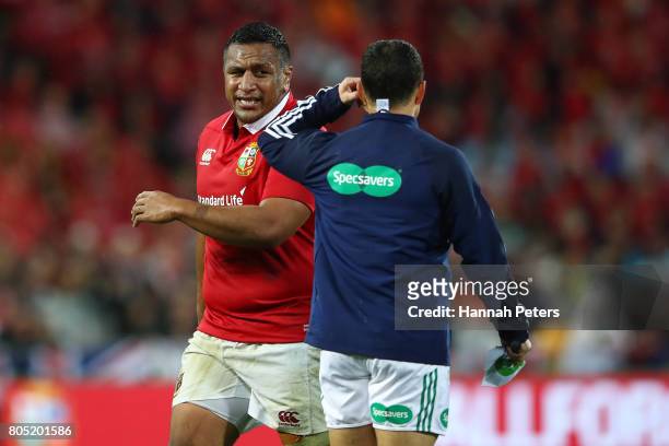 Elliot Daly of the Lions is tackled by Ngani Laumape of France during the second test match between the New Zealand All Blacks and the British &...