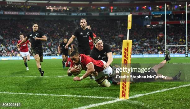 Wellington , New Zealand - 1 July 2017; Taulupe Faletau of the British & Irish Lions goes over to score his side's first try during the Second Test...