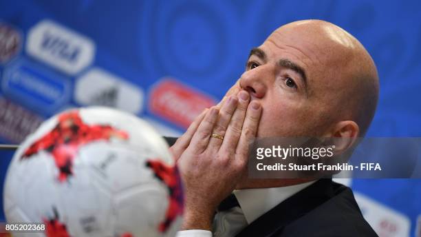President Gianni Infantino speaks to the media during the closing press conference on July 1, 2017 in Saint Petersburg, Russia.