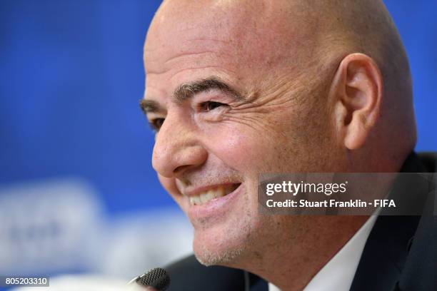 President Gianni Infantino speaks to the media during the closing press conference on July 1, 2017 in Saint Petersburg, Russia.