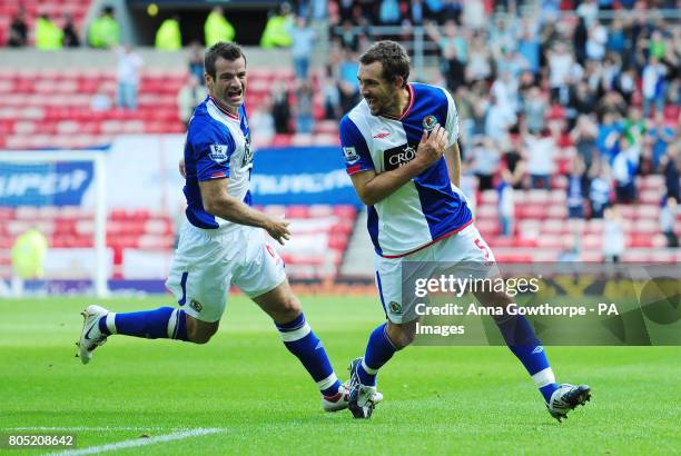 Blackburn Rovers Gael Givet celebrates his goal with Ryan Nelsen during the Barclays Premier League match at the Stadium of Light, Sunderland.