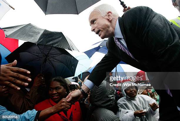 Republican presidential candidate Sen. John McCain greets the crowd after speaking at the Lorraine Hotel, the site where Martin Luther King Jr. Was...