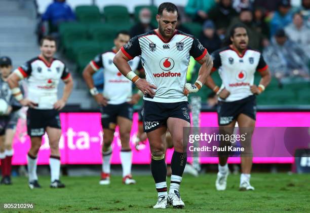 Bodene Thompson of the Warriors looks on after a Sea Eagles try during the round 17 NRL match between the Manly Sea Eagles and the New Zealand...