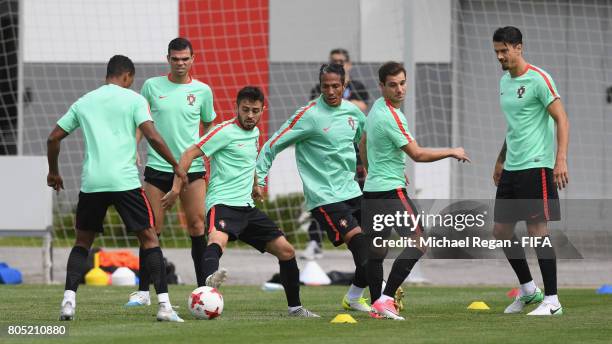 Pepe, Bernando Silva, Bruno Alves, Cedric Soares and Jose Fonte in action during the Portugal training session on July 1, 2017 in Moscow, Russia.