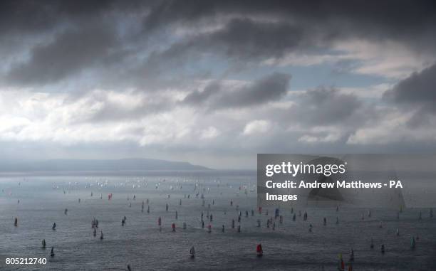 Hundreds of sailing boats make their way around the Isle of Wight close to the Needles as they take part in the 2017 Round the Island Race.