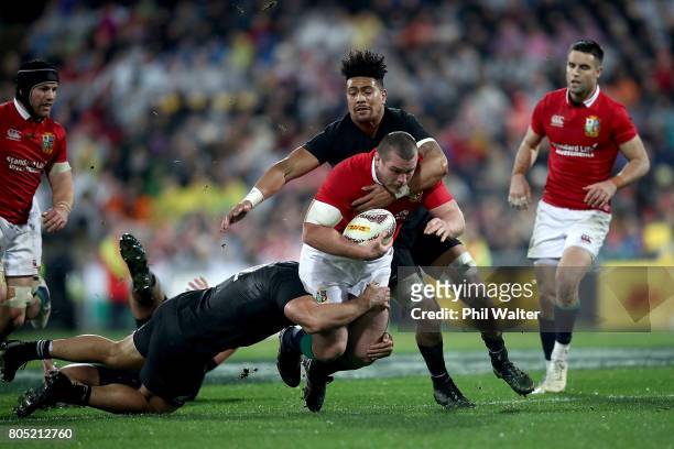 Jack McGrath of the Lions is tackled during the International Test match between the New Zealand All Blacks and the British & Irish Lions at Westpac...