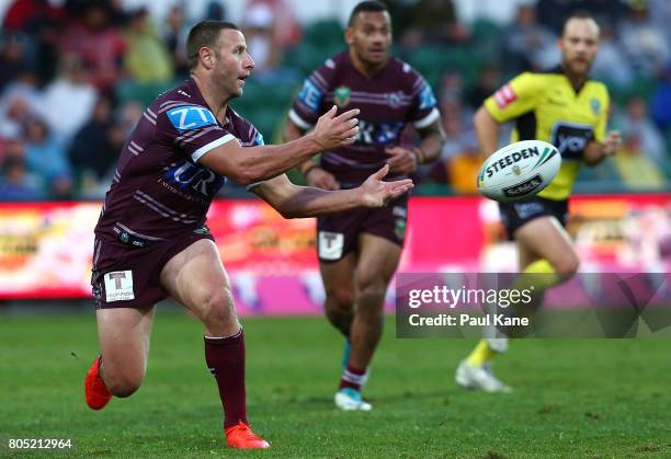 Blake Green of the Sea Eagles passes the ball during the round 17 NRL match between the Manly Sea Eagles and the New Zealand Warriors at nib Stadium...