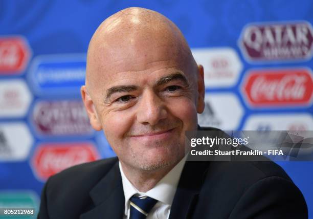 President Gianni Infantino speaks to the media during the closing press conference on July 1, 2017 in Saint Petersburg, Russia.