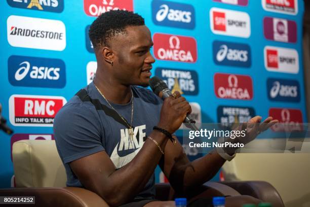 Omar McLeod of Jamaica, the Olympic champion in the 110m hurdles at the Rio 2016 Olympic Games, answers questions during the Press Conference of the...