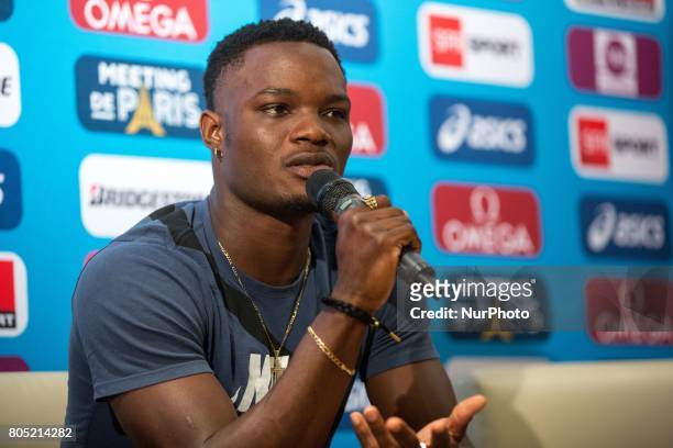 Omar McLeod of Jamaica, the Olympic champion in the 110m hurdles at the Rio 2016 Olympic Games, answers questions during the Press Conference of the...