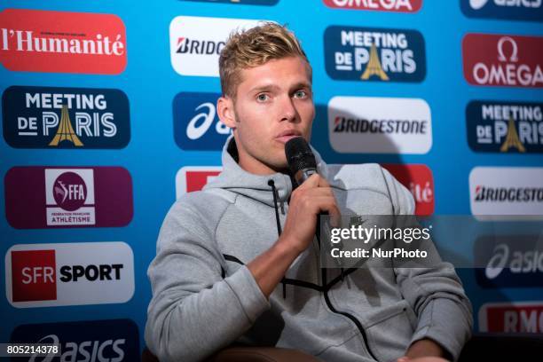 Kévin Mayer of France, the Olympic vice-champion in the decathlon at the Rio 2016 Olympic Games, answers questions during the Press Conference of the...