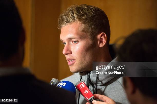 Kévin Mayer of France, the Olympic vice-champion in the decathlon at the Rio 2016 Olympic Games, answers questions during the Press Conference of the...