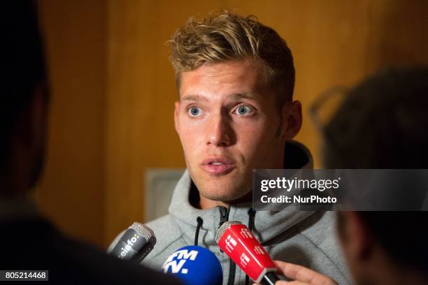 Kévin Mayer of France, the Olympic vice-champion in the decathlon at the Rio 2016 Olympic Games, answers questions during the Press Conference of the...