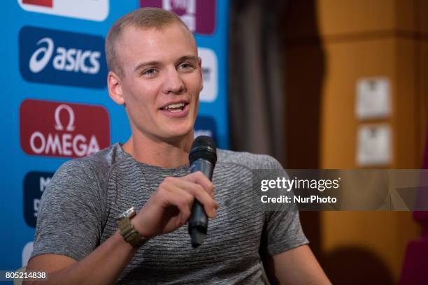 Sam Kendricks of USA Champions in the pole vault, answer questions during the Press Conference of the Diamond league, Meeting of Paris 2017, at...