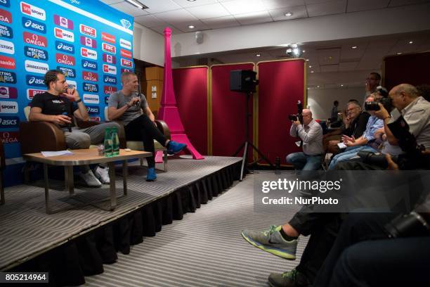 Renaud Lavillenie, of France, and Sam Kendricks, of USA, Champions in the pole vault, answer questions during the Press Conference of the Diamond...