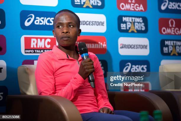 Ruth Jebet of Barhain, the Olympic champion in the 3,000m steeple at the Rio 2016 Olympic Games, answers questions during the Press Conference of the...