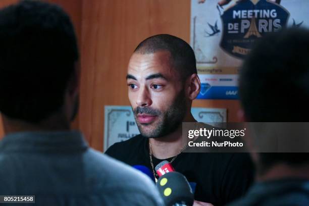 Garfield Darian of France, Champion in 110 m hurdles, answer questions during the Press Conference of the Diamond league, Meeting of Paris 2017, at...