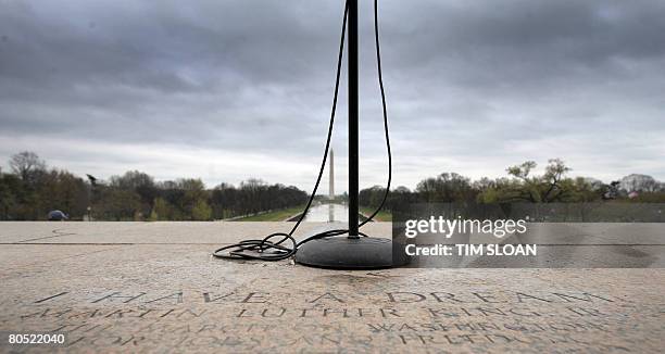 Microphone stand sits on top of the engraved granite memorial on April 4, 2008 which marks the spot where the Rev. Martin Luther King Jr. Delivered...