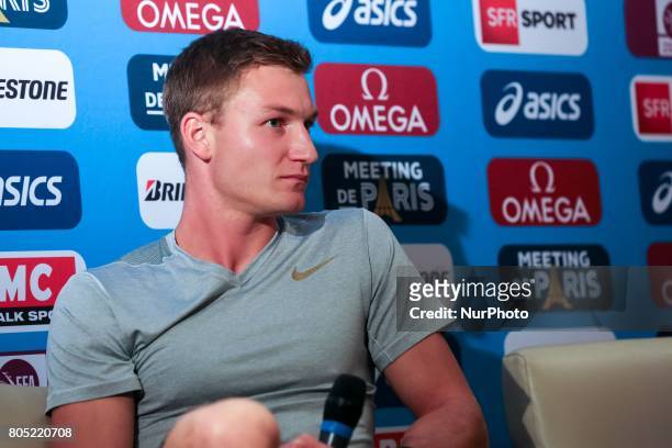 Thomas Röhler of Germany, the Olympic champion in the javelin at the Rio 2016 Olympic Games, answers questions during the Press Conference of the...