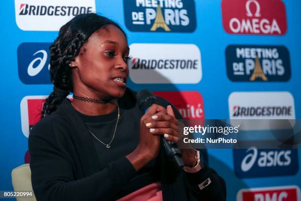 Elaine Thompson of Jamaica, the Olympic champion in the 100m and 200m at the Rio 2016 Olympic Games, answers questions during the Press Conference of...