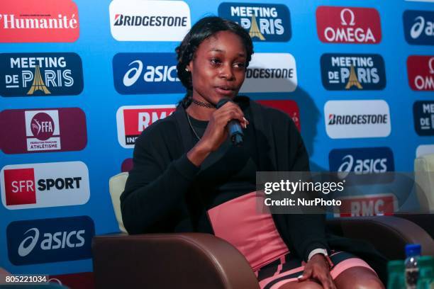Elaine Thompson of Jamaica, the Olympic champion in the 100m and 200m at the Rio 2016 Olympic Games, answers questions during the Press Conference of...