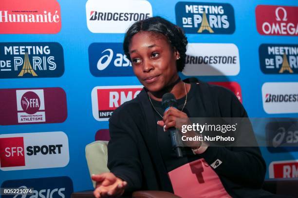 Elaine Thompson of Jamaica, the Olympic champion in the 100m and 200m at the Rio 2016 Olympic Games, answers questions during the Press Conference of...