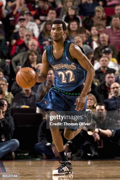 Corey Brewer of the Minnesota Timberwolves moves the ball during the NBA game against the Portland Trail Blazers at the Rose Garden on March 15, 2008...