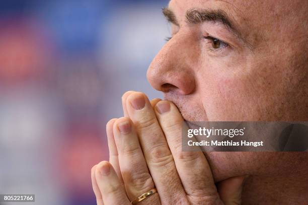 President Gianni Infantino speaks to the media during the Closing Press Conference of the FIFA Confederations Cup Russia 2017 on July 1, 2017 in...