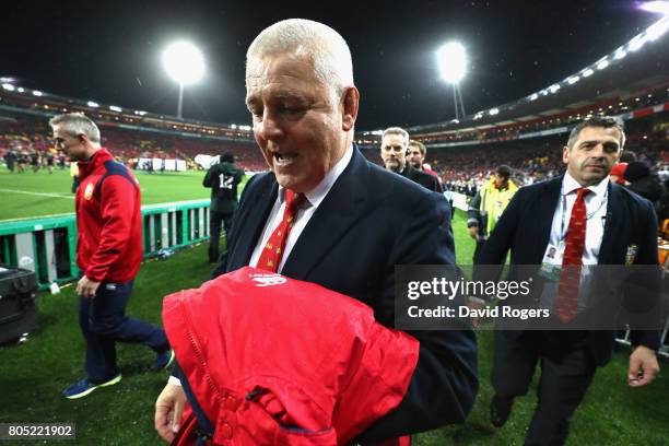 Warren Gatland, the Lions head coach celebrates after his teams victory during the match between the New Zealand All Blacks and the British & Irish...