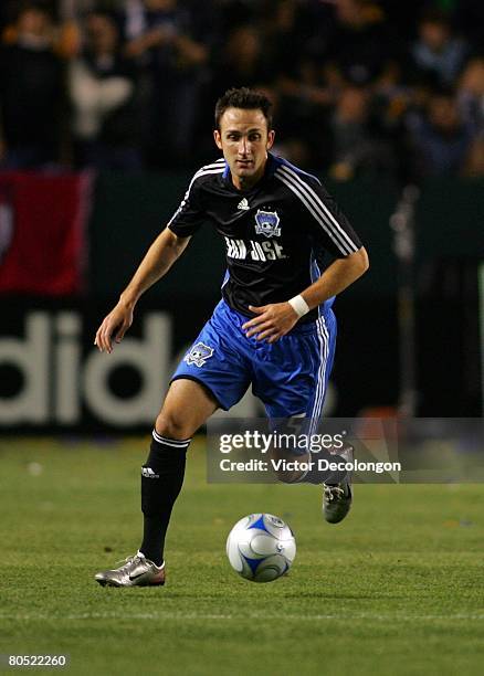 Ryan Cochrane of the San Jose Earthquakes moves the ball from the backfield against the Los Angeles Galaxy in the first half during their MLS game at...