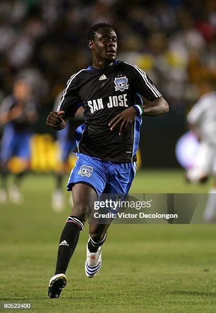 Kei Kamara of the San Jose Earthquakes pursues the ball in the first half during their MLS game against the Los Angeles Galaxy at the Home Depot...