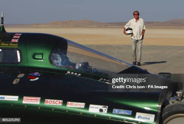 The financial backer and driver of The British Steam Car Challenge team, Charles Burnett III with his vehicle at Rogers Dry Lake on Edwards Air Force...