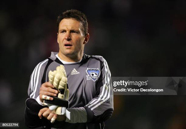 Goalkeeper Joe Cannon of the San Jose Earthquakes looks on as he starts to take off his jersey after their MLS game against the Los Angeles Galaxy at...