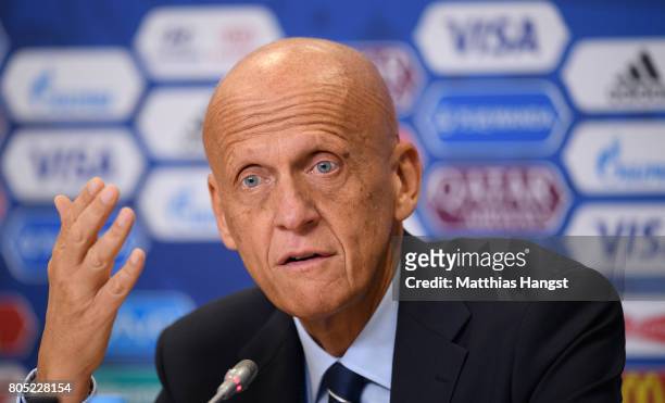 Pierluigi Collina, FIFA Chairman of the Referees Committee speaks to the media during the Closing Press Conference of the FIFA Confederations Cup...