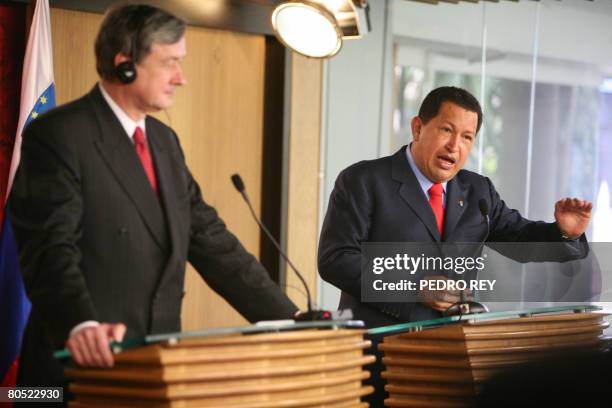 Venezuelan President Hugo Chavez addresses to journalists during joint a press conference with Slovenia's and EU President Danilo Turk at the...